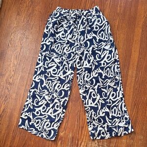 Fabulous Navy and White Graphic Print Pants Medium